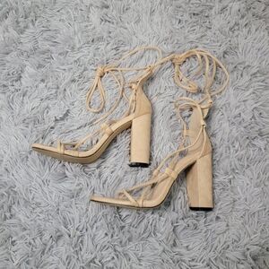 Suede, nude, lace up chunky heel sandal